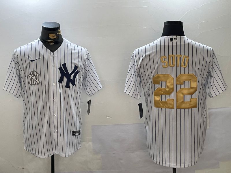 Men New York Yankees 22 Soto White Stripe Fashion Nike 2024 MLB Jersey style 8